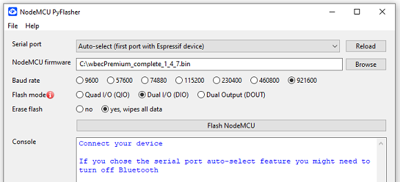 Einstellungen im NodeMCU PyFlasher