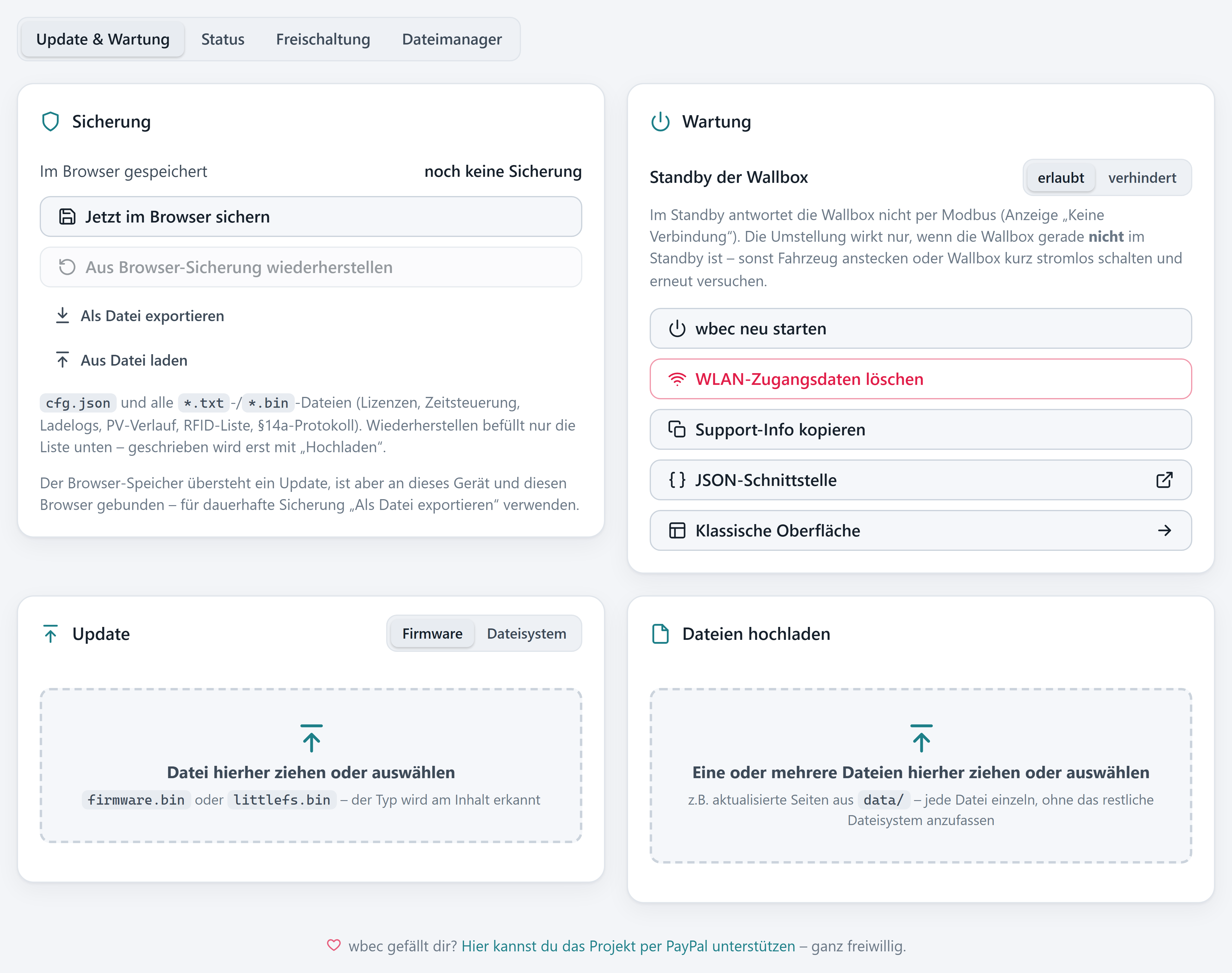 System, Reiter „Update & Wartung“ mit den Karten Sicherung, Wartung, Update und Dateien hochladen